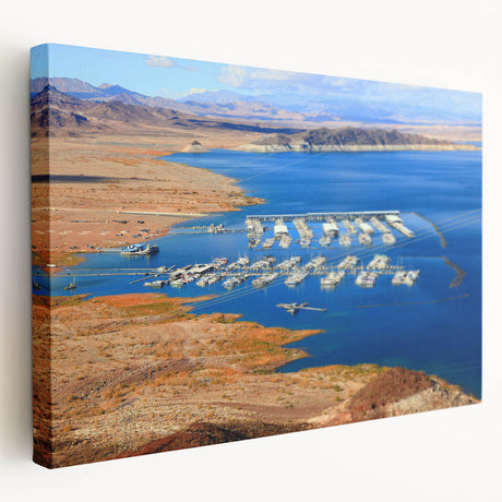 Side view of a stretched canvas depicting Lake Mead with vivid blue and earthy brown tones.