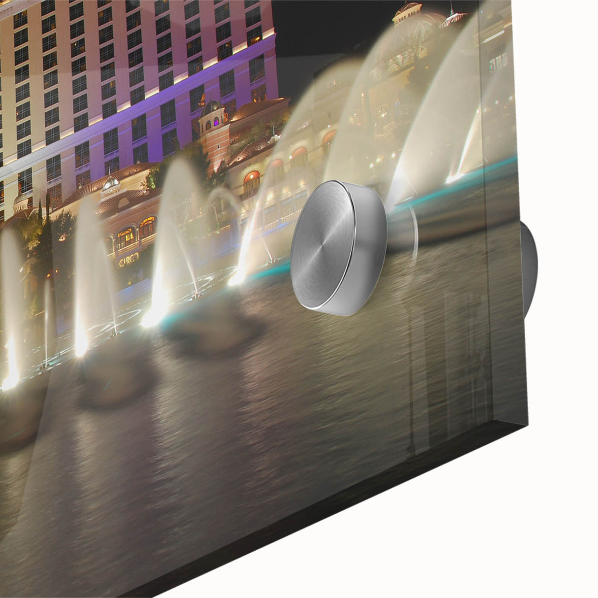 Large abstract depiction of Las Vegas in acrylic glass with vibrant neon colors, ideal for dining room art.