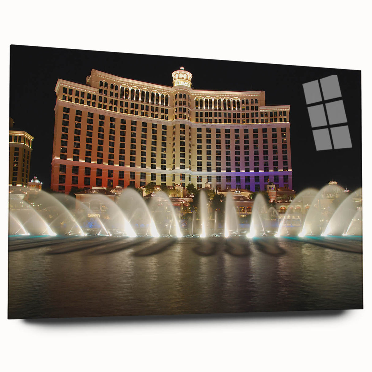 Acrylic print of Las Vegas skyline in vibrant twilight hues, ideal for modern bedroom or dining room decor.