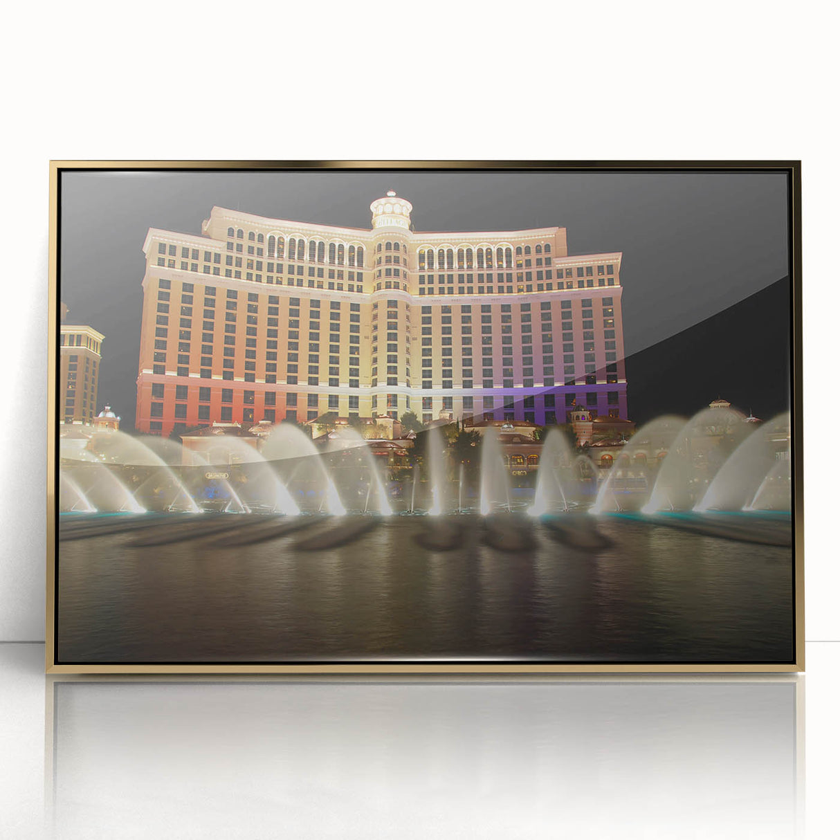 Acrylic print of Las Vegas scenery in gold tones, framed, mid-century modernist style, suitable for modern art wall decor.