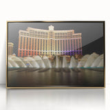 Acrylic print of Las Vegas scenery in gold tones, framed, mid-century modernist style, suitable for modern art wall decor.