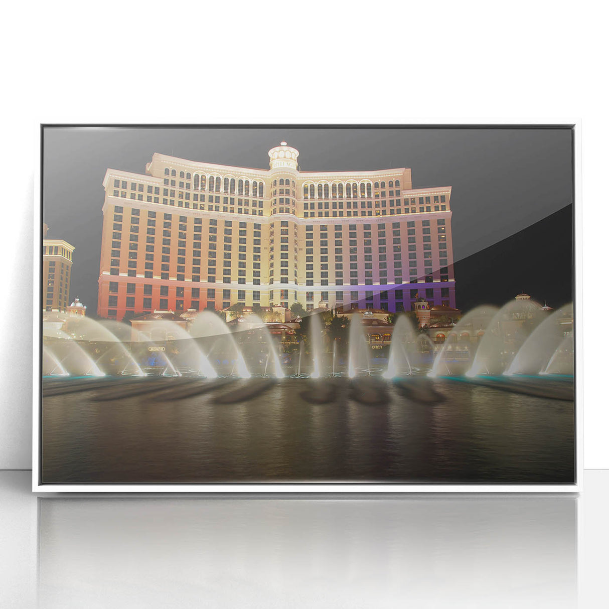 Art deco poster of Las Vegas skyline in muted gray and white tones on framed acrylic, suitable for modern art wall decor.