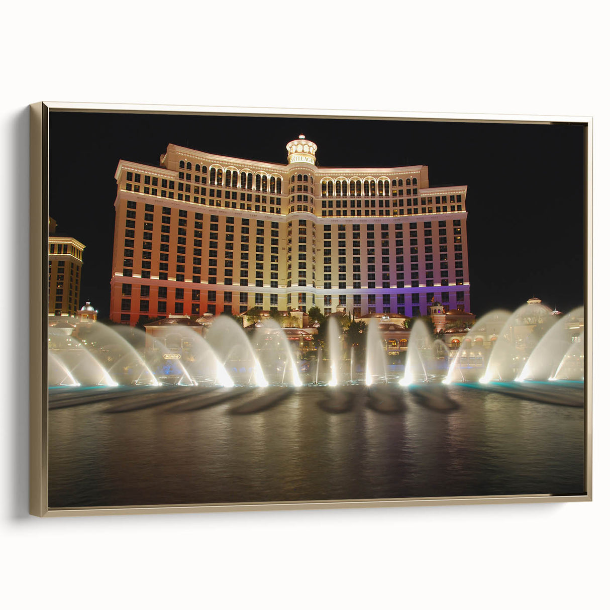 Framed canvas of Las Vegas landscape in vintage poster style with black and gold tones, ideal for bedroom wall art.