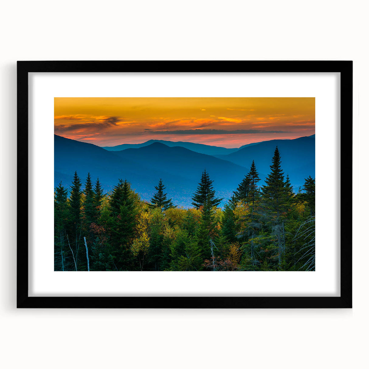 Abstract art print of a colorful, textured landscape, presented in a large black frame with mat, ideal for living room decor.