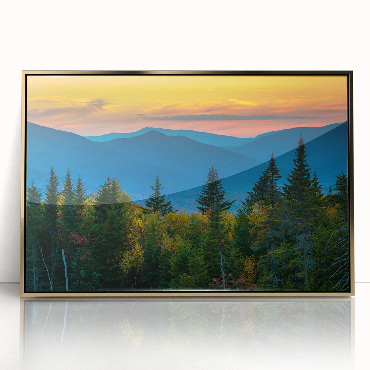 Mid-century modernist acrylic print of New Hampshire scenery in gold frame, suited for nursery wall art.