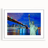 Abstract art print of New Jersey scenery in muted green and blue tones, framed with a white mat, ideal for dining room decor.