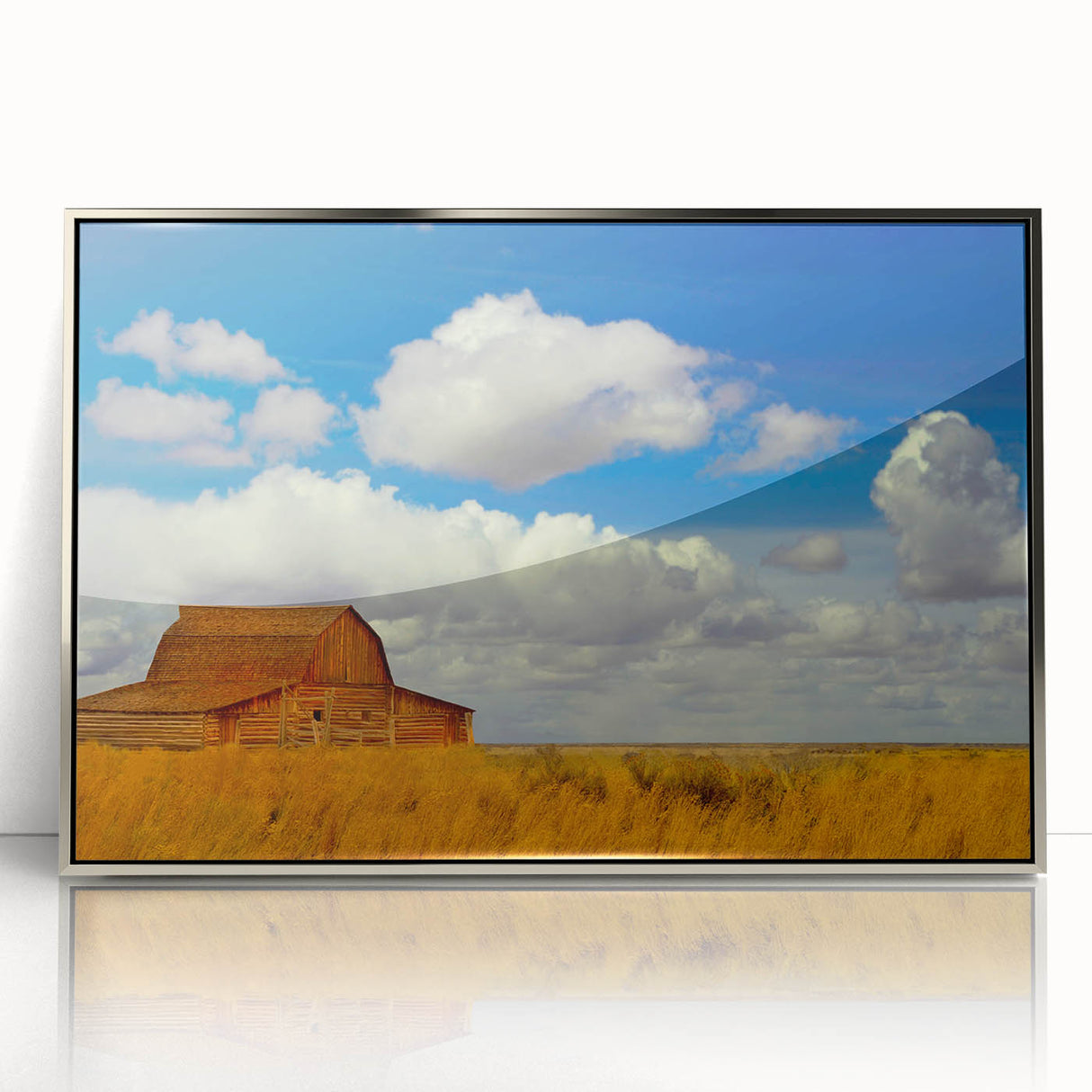Mid-century modernist art depicting the New Mexico landscape, framed acrylic with silver tones, ideal for nursery wall decor.
