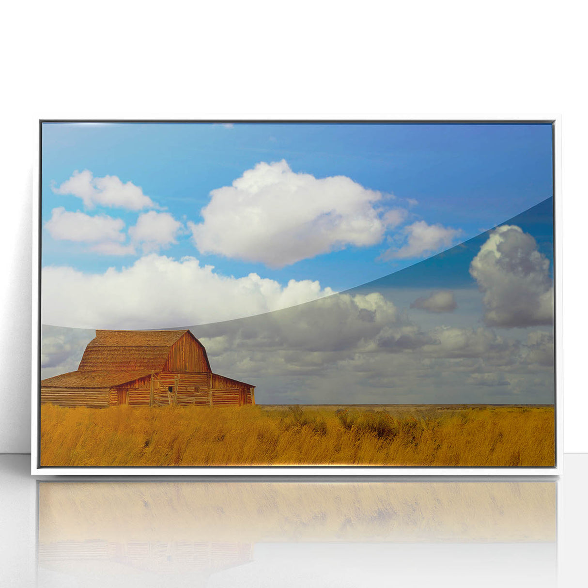 Acrylic print of a New Mexico landscape in art deco style with pastel colors, framed in white.