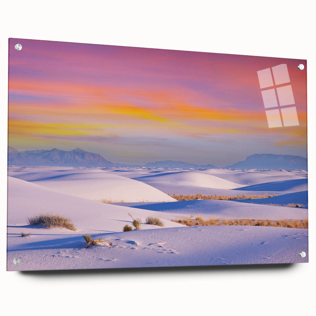 Acrylic print of White Sands, New Mexico with soft blue and white tones, suitable for bedroom or dining room decor.