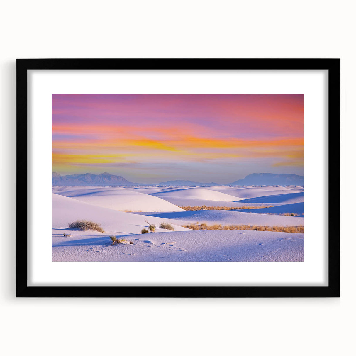 Abstract art print of colorful, textured scenery depicting White Sands, New Mexico on a large framed canvas.
