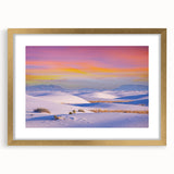 Extra large wall art featuring abstract depiction of White Sands, New Mexico, in textured gold frame.
