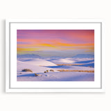 Abstract art print of White Sands, New Mexico, featuring muted earth tones on a framed canvas, ideal for dining room decor.