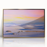 Framed acrylic print of White Sands, New Mexico with soft beige and blue tones in a mid-century modernist style.