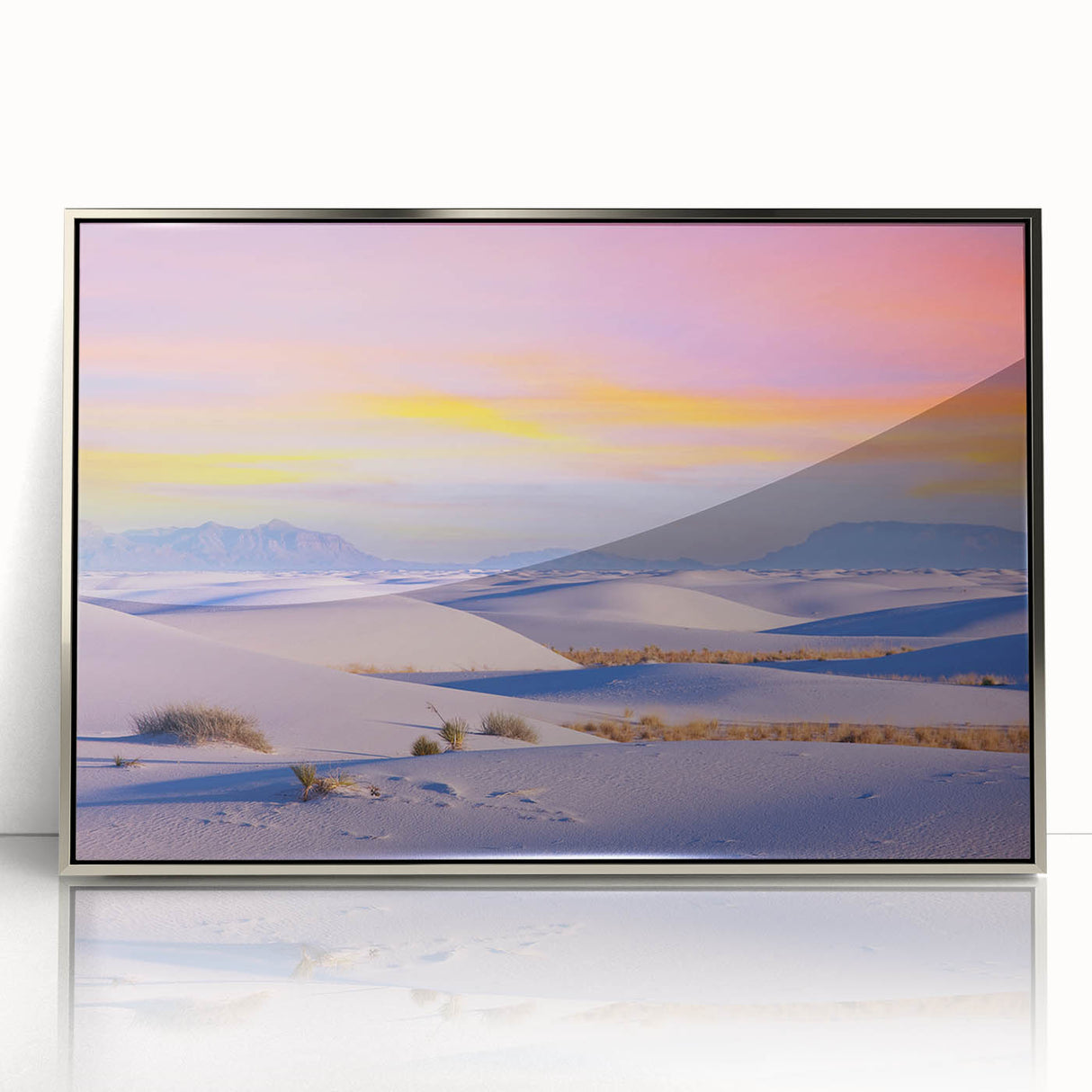 Mid-century modernist art depicting the White Sands in New Mexico, framed in silver acrylic, ideal for nursery wall art.