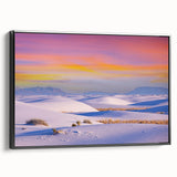 Black and white wall art featuring the White Sands landscape in New Mexico on a framed canvas, ideal for bedroom decor.
