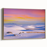 Framed canvas depicting the White Sands landscape in New Mexico, with muted earth tones, ideal for bedroom wall art.