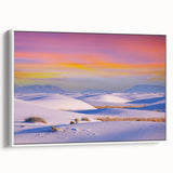Vintage poster art of White Sands, New Mexico, featuring soft pastel hues on a framed canvas, ideal for living room decor.