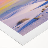 Art deco poster of White Sands, New Mexico, in pastel shades on rolled canvas, suitable for dining room decor.