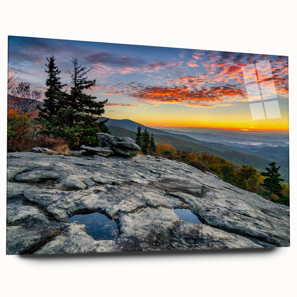 Large abstract acrylic print of the Blue Ridge in muted blues and greens, ideal for bedroom or dining room decor.