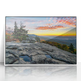 Acrylic print of the Blue Ridge Mountains in muted blue tones, framed in white, suitable for modern art wall decor.