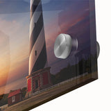 Large abstract wall art of Cape Hatteras with muted blues and greens on acrylic glass, suitable for dining room ambiance.