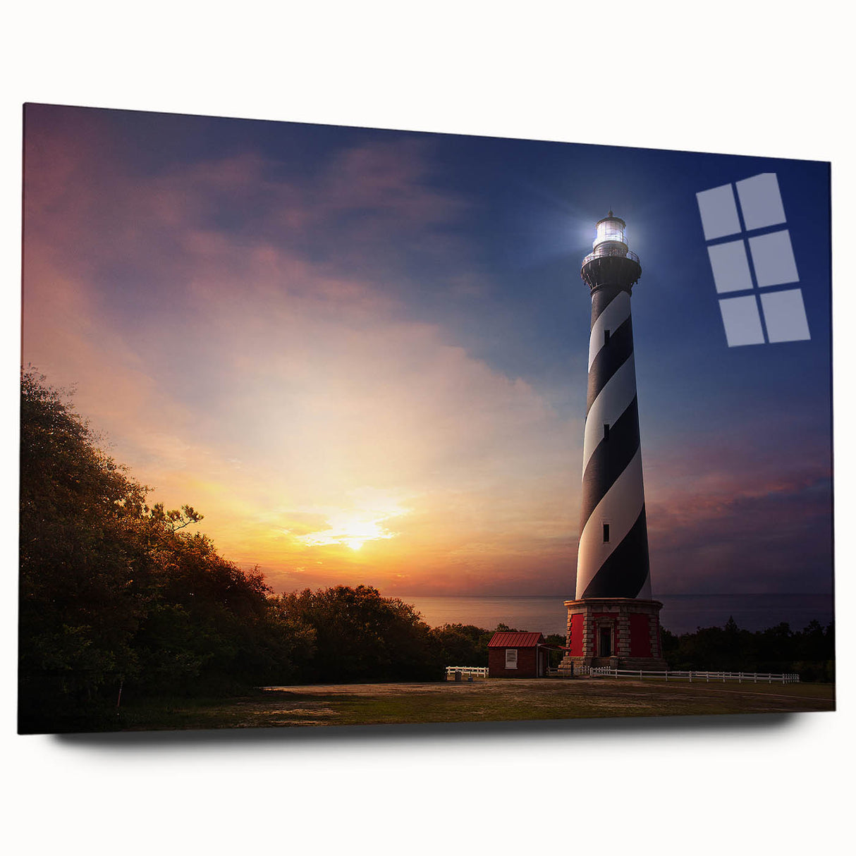 Large abstract depiction of Cape Hatteras in muted blue and green tones on acrylic glass.