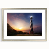 Textured art print of Cape Hatteras with abstract design in muted gray and blue tones, framed in silver.