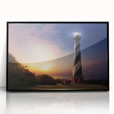 Large abstract wall art depicting Cape Hatteras, in muted blues and greens on a black framed acrylic.