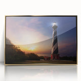 Framed acrylic print of Cape Hatteras with a gold frame, featuring muted earth tones in a mid-century modernist style.