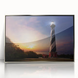 Mid-century modernist art depicting Cape Hatteras, North Carolina, in muted blues and grays on a framed acrylic print.