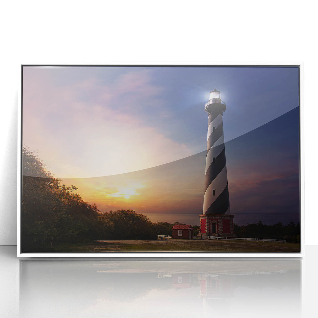 Art deco poster of Cape Hatteras with a white acrylic frame, featuring muted blue and gray tones.
