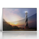 Art deco poster of Cape Hatteras with a white acrylic frame, featuring muted blue and gray tones.