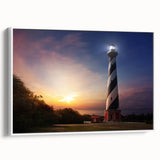 Vintage poster art of Cape Hatteras with colorful accents on a framed canvas, ideal for living room decor.