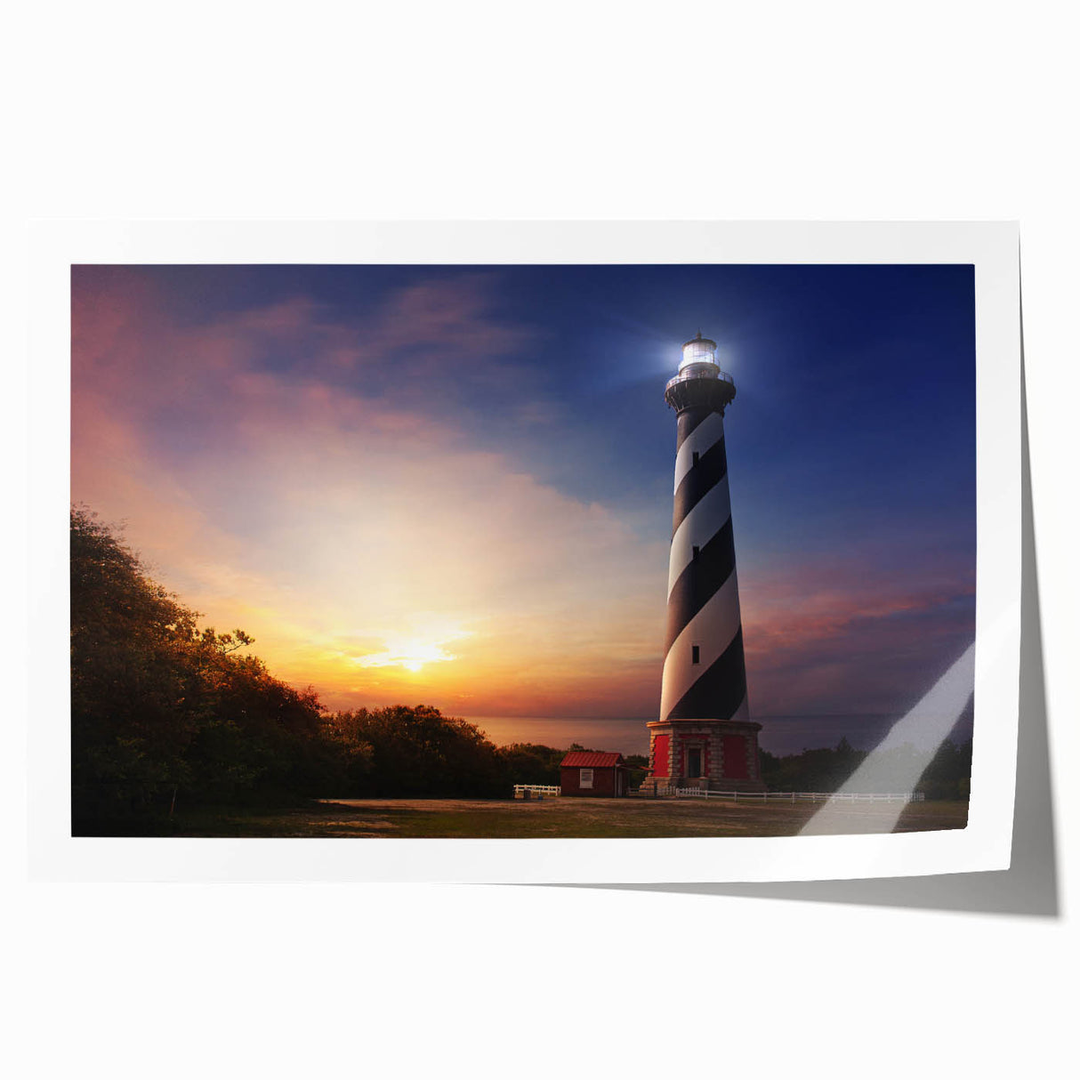 Rolled print of Cape Hatteras with muted blue and green hues, ideal for art wall dining room.