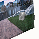 Mid-century modernist style large abstract wall art of Charlotte skyline in muted colors on acrylic glass.