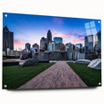 Acrylic print of Charlotte skyline in muted blue and gray tones, suitable for bedroom or dining room decor.