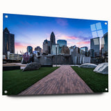 Acrylic print of Charlotte skyline in muted blue and gray tones, suitable for bedroom or dining room decor.