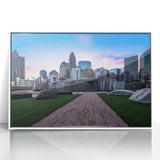 Acrylic print of Charlotte skyline in art deco style with pastel shades, ideal for modern art wall decor in a nursery.