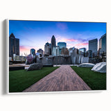Vintage poster art of Charlotte skyline in vibrant colors on a large framed canvas, ideal for living room decor.