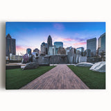 Black and white stretched canvas of Charlotte skyline, ideal for kitchen wall art.