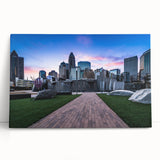 Black and white photo of Charlotte skyline on large stretched canvas, ideal for kitchen wall art.