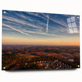 Acrylic glass print of Durham, North Carolina skyline in muted earth tones, suitable for bedroom or dining room decor.