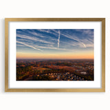 Abstract art print of Durham, North Carolina skyline in textured gold frame, ideal for extra large living room wall art.