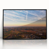 Large abstract wall art depicting Durham, NC in mid-century modernist style with muted gray and blue tones on framed acrylic.