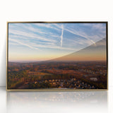 Large art print of Durham, USA, in mid-century modernist style, featuring muted earth tones on framed acrylic.