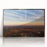 Mid-century modernist art depicting Durham, USA, in muted blue and silver tones on a framed acrylic.