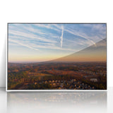 Framed acrylic print of Durham, North Carolina skyline in muted gray and blue tones, ideal for modern nursery wall art.