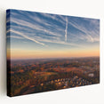 Large art of Durham, North Carolina skyline in muted gray and blue tones on stretched canvas, ideal for kitchen wall art.
