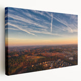 Large art of Durham, North Carolina skyline in muted gray and blue tones on stretched canvas, ideal for kitchen wall art.