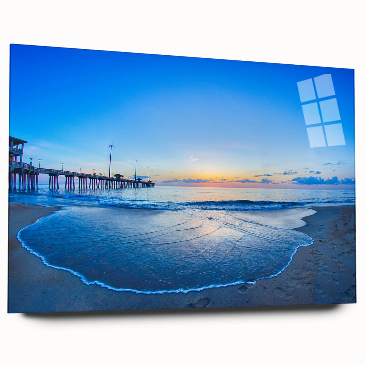 Large abstract depiction of the Outer Banks in muted blue and gray tones on acrylic glass.